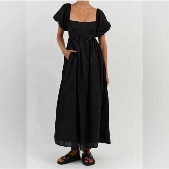 Dissh Monty Linen Black Maxi Dress Pockets Square Neck Puff Sleeves Lined US 6 - Picture 4 of 12
